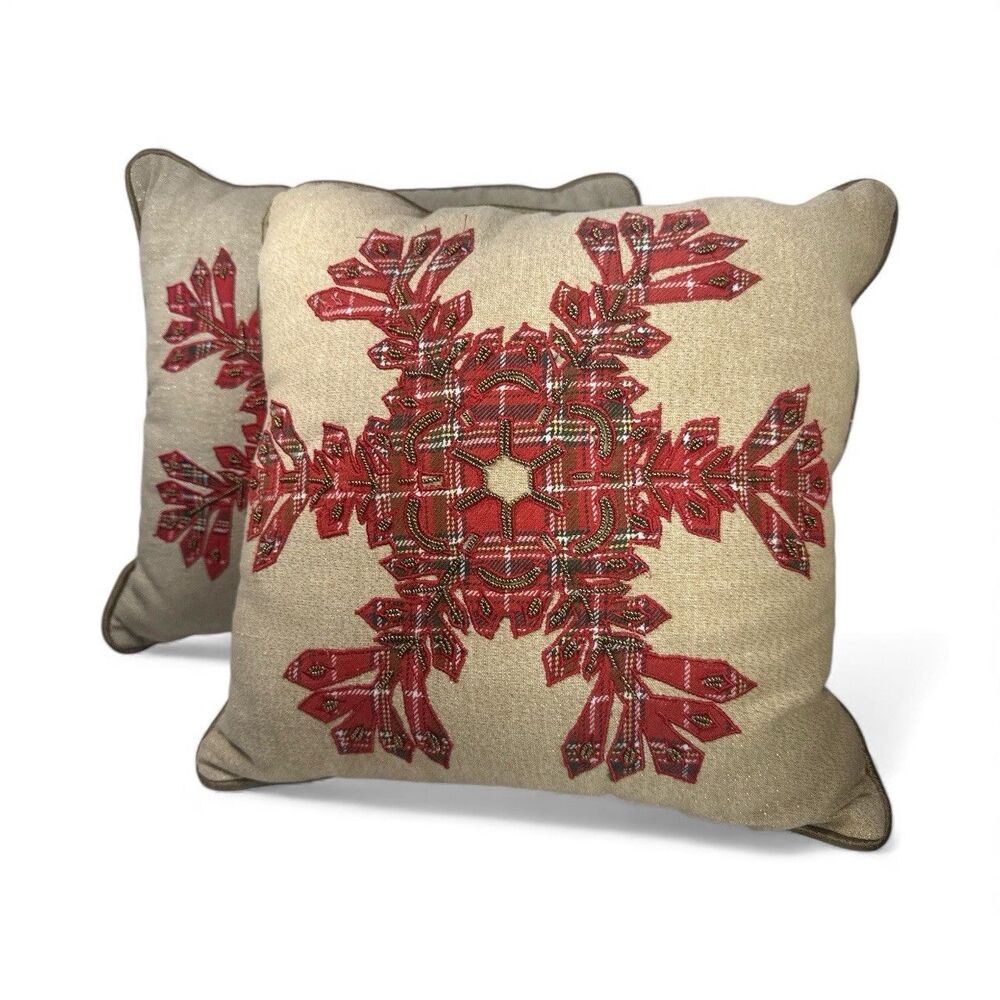Red Plaid Snowflake Gold Shimmer Holiday Christmas Throw Pillows Set Beaded